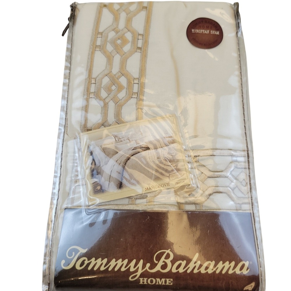 Tommy Bahama Home Mangrove Euro Pillow Sham 26" Cream Gold Geometric Embroidery